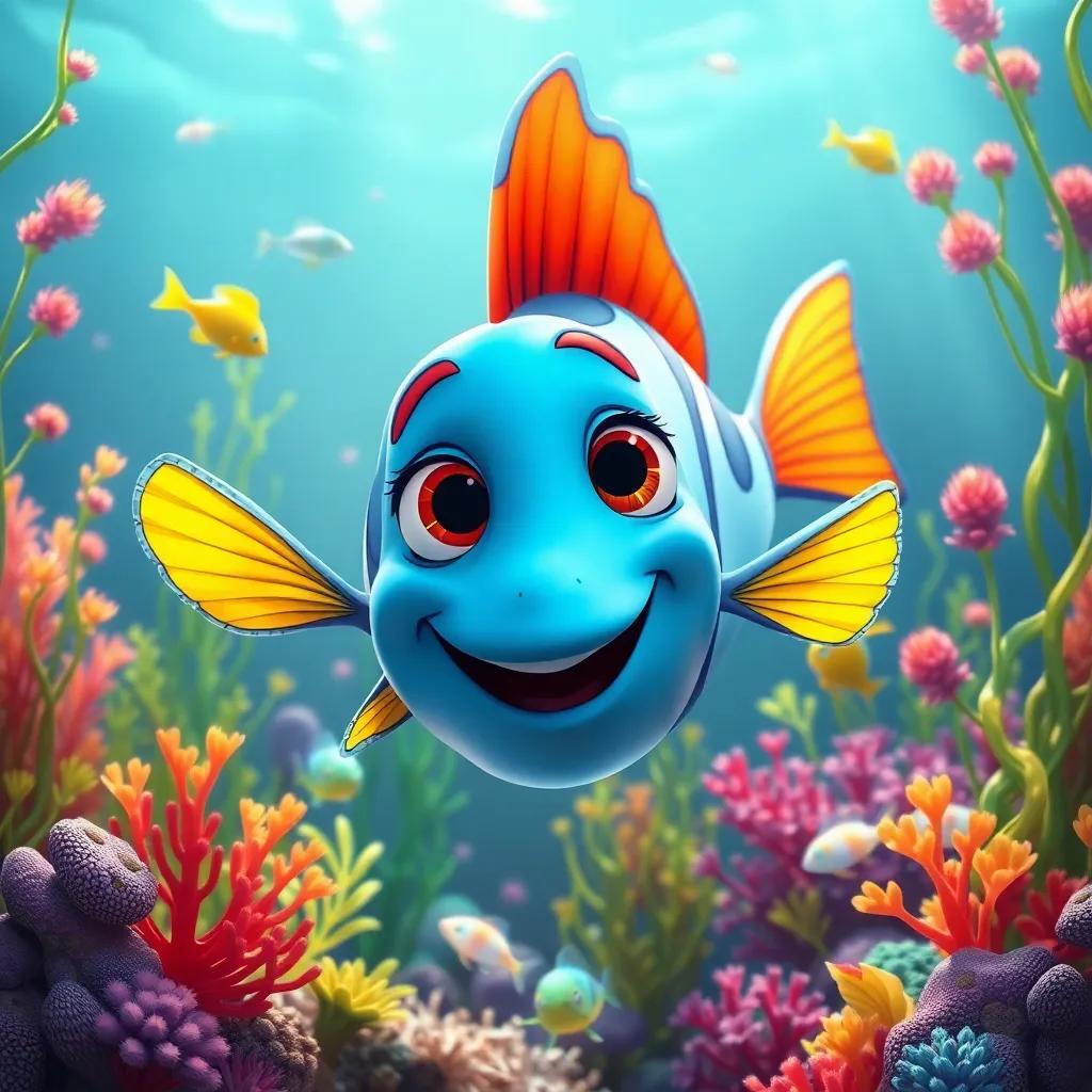 Pablo, the fish, exploring under the water with his friends, surrounded by colorful aquatic plants and small fish, adventure-themed, bright and cheerful, high quality