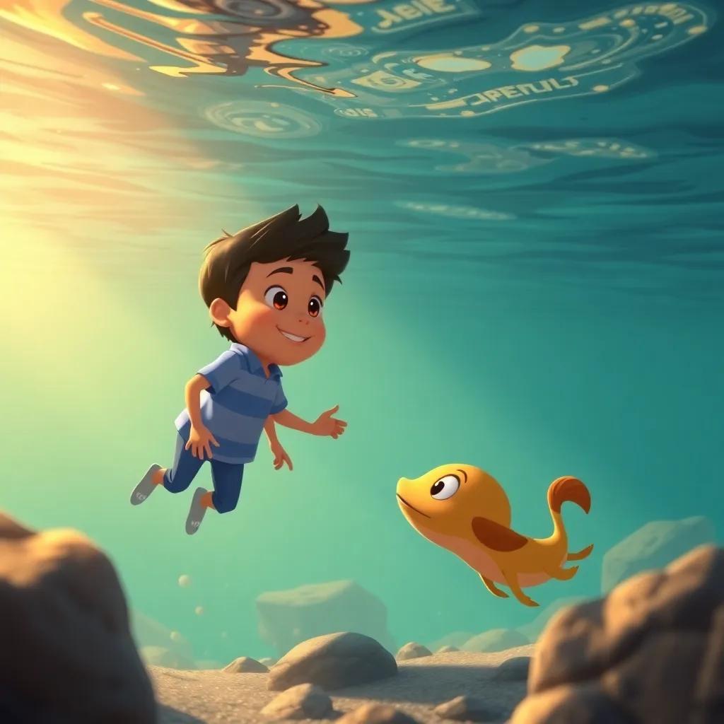 Pablo promising to be more careful and explore the river with friends, peaceful scene underwater, soft colors with golden light, heartwarming, high quality