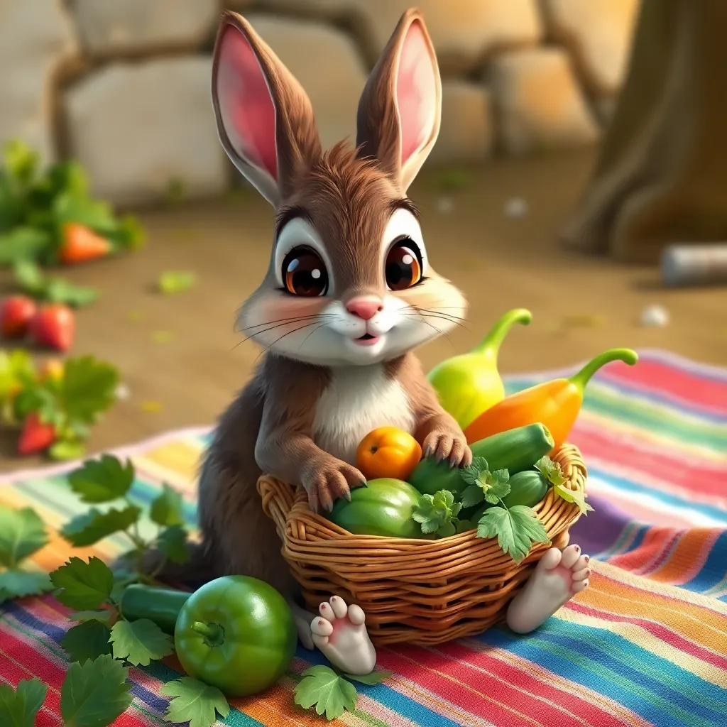 Un conejo llamado Ramón, con pelaje marrón y orejas largas, sentando sobre una manta de colores con una canasta llena de zanahorias, fresas y hojas verdes, alegre, picnic, caricaturesco