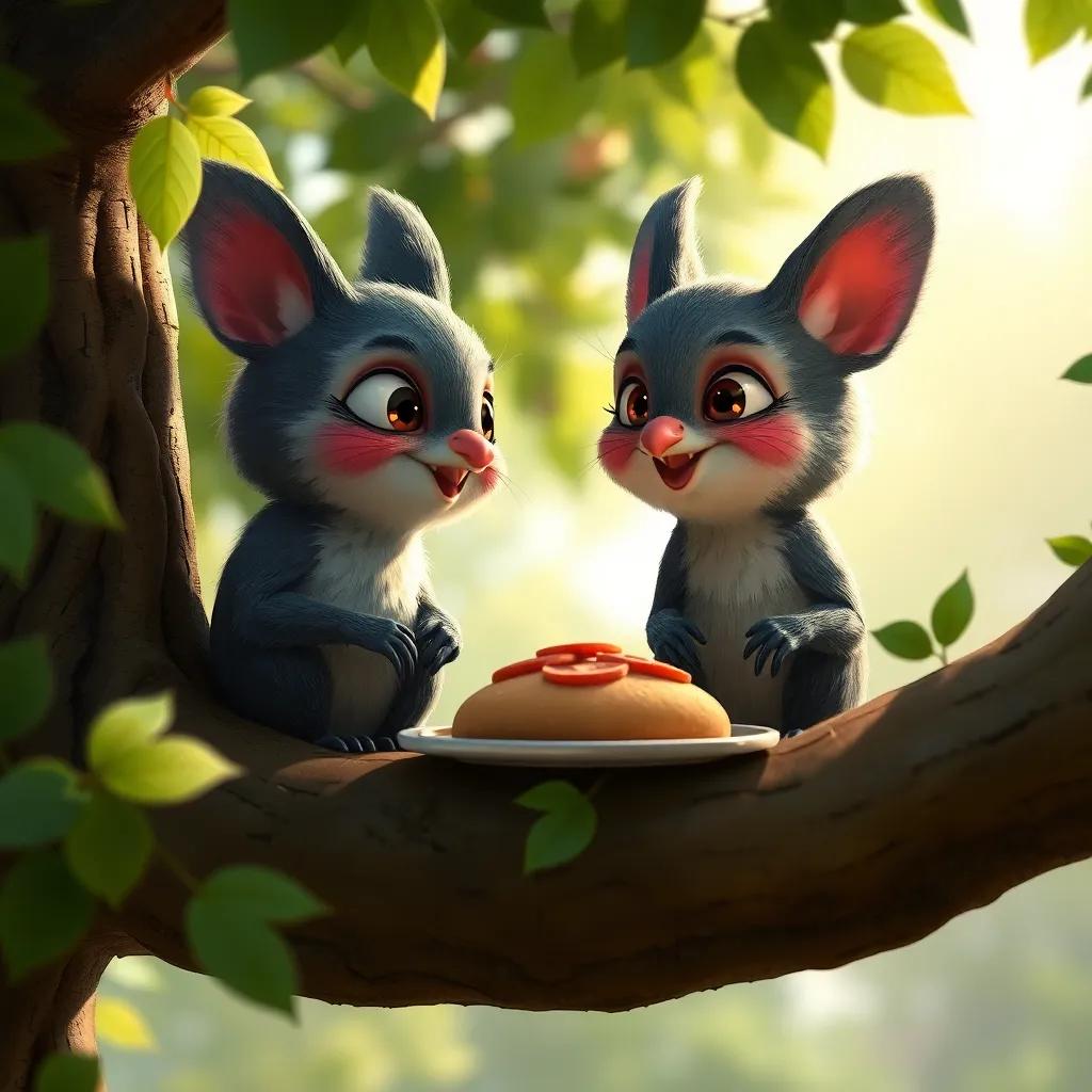 Dos ardillas traviesas, Clara y Simón, observando desde un árbol, con pelaje gris y colas esponjosas, riéndose mientras miran la comida del picnic, divertido, travieso
