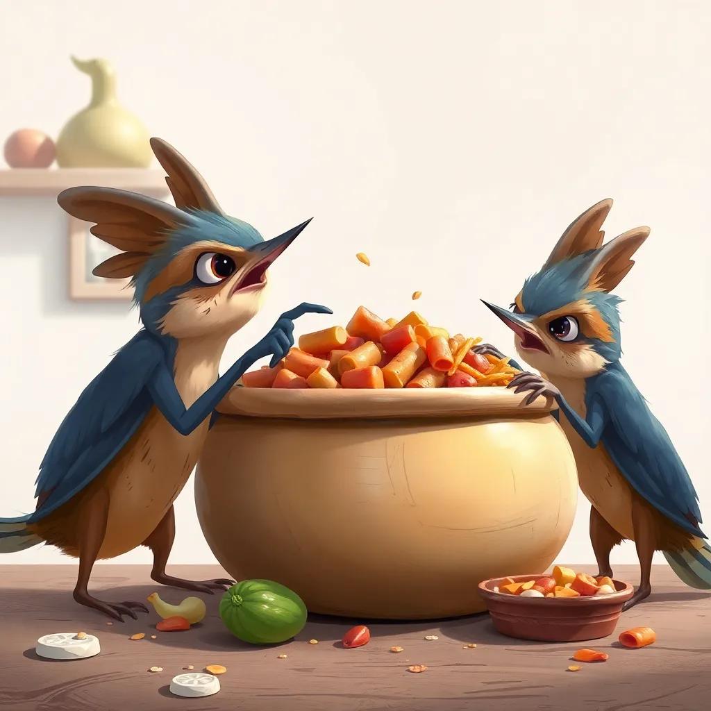 Las ardillas Clara y Simón, intentando robar la comida de la canasta mientras todos los amigos están distraídos, con una gran canasta llena de comida en el centro, caricaturesco, acción