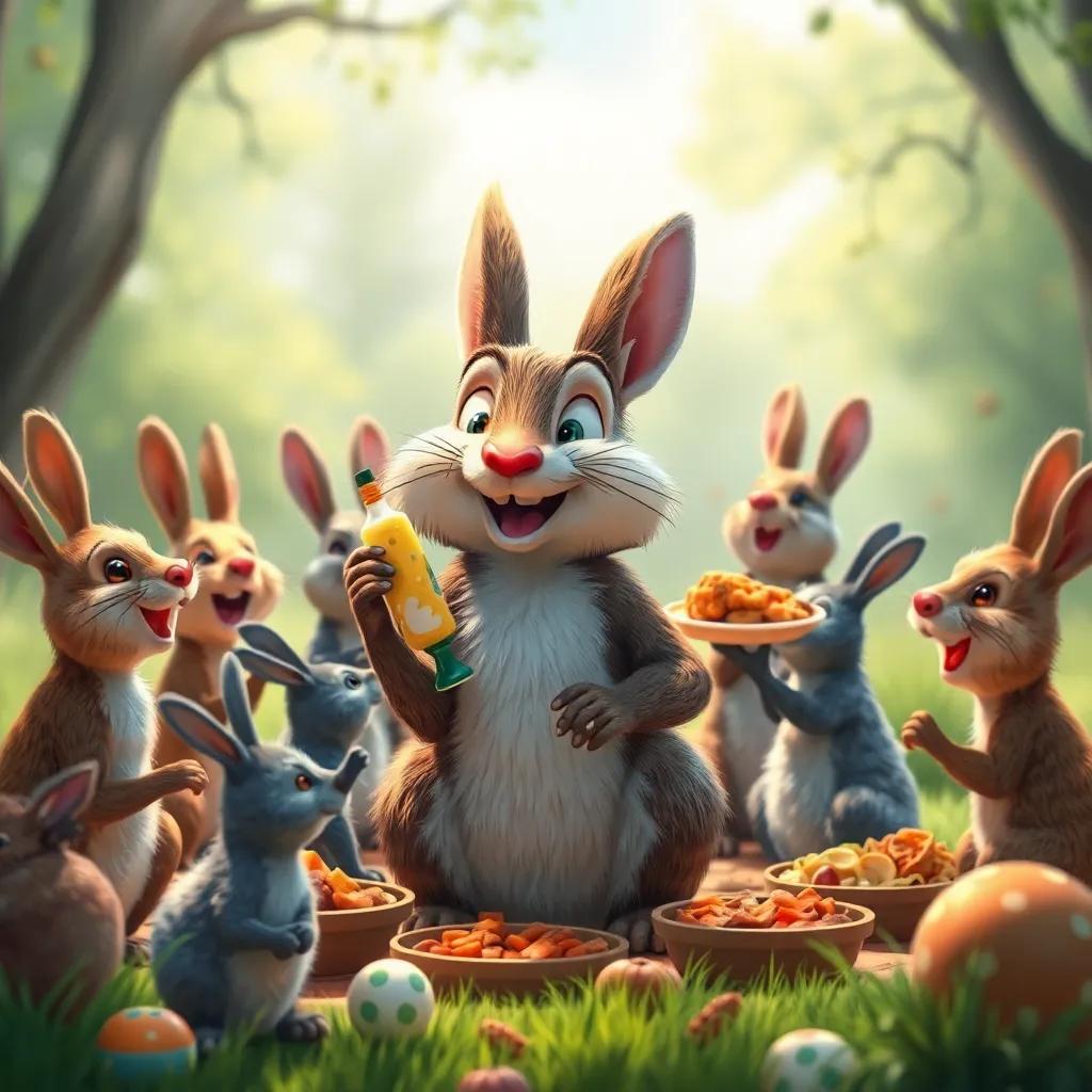 El conejo Ramón deteniendo a las ardillas mientras todos los amigos ríen alrededor, un picnic lleno de alegría con comida por todas partes, colorido, feliz, oferta
