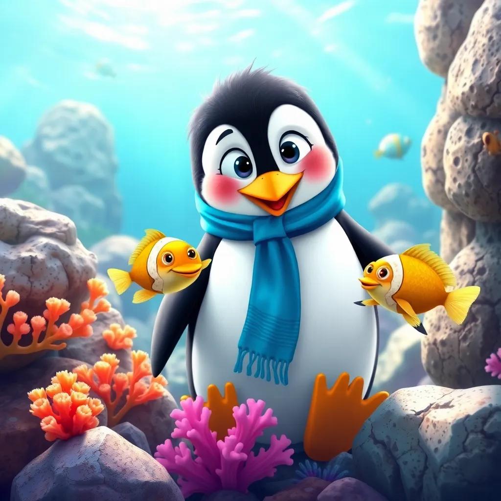 A happy penguin named Pablo with black and white feathers and a blue scarf, playing hide and seek with a golden fish, colorful coral and rocks in the ocean, bright sunlight, fun and vibrant, friendly scene, high quality