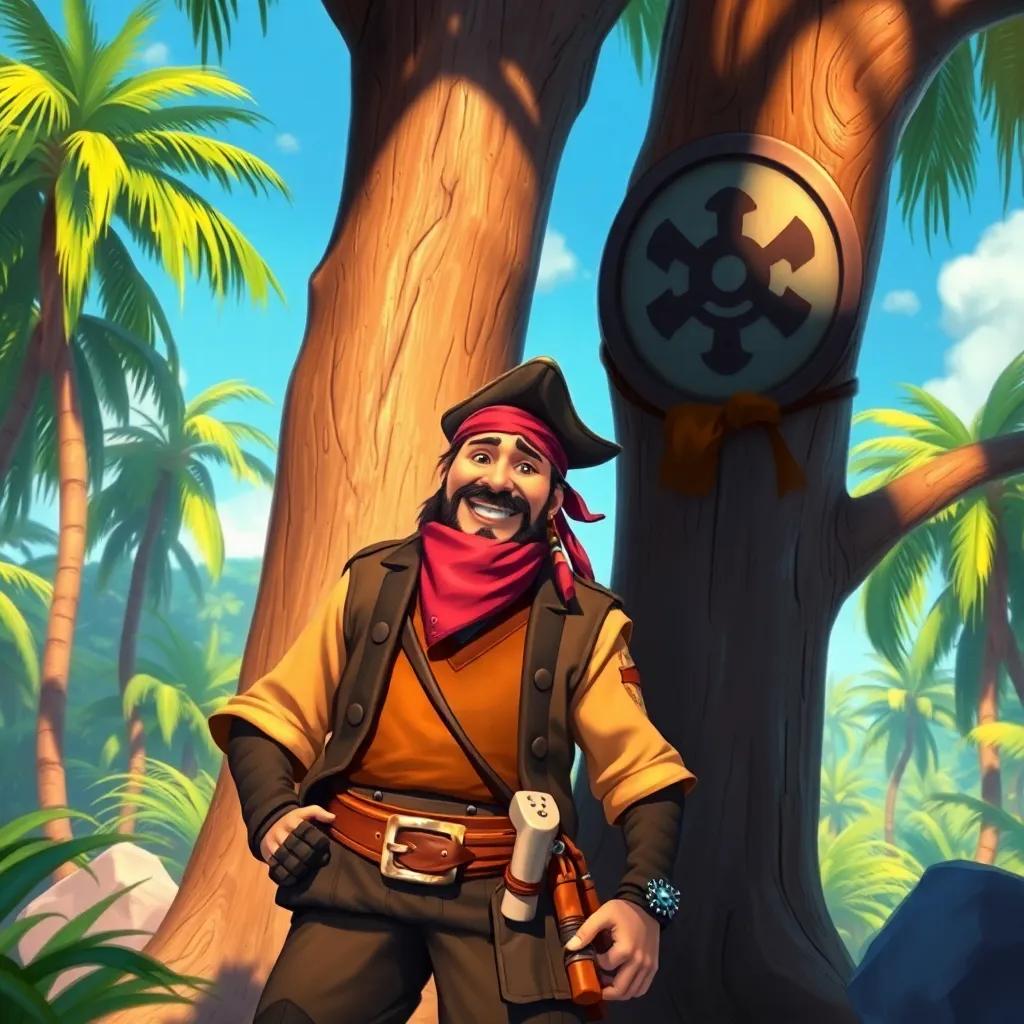 A pirate, Capitán Rayo, with rugged clothes and a bandana, standing next to a big tree with a large symbol on the trunk, surrounded by a jungle setting and a blue sky, digital painting, colorful, joyful mood, high quality