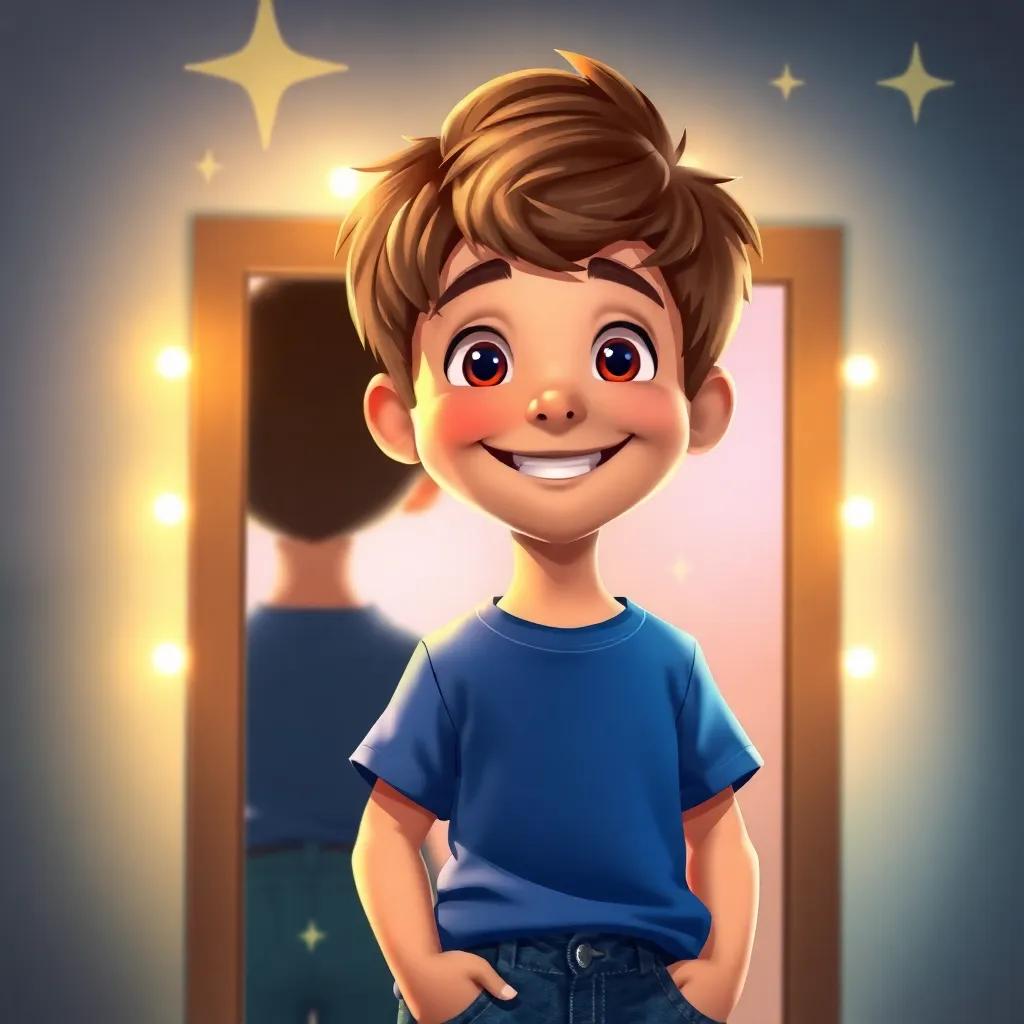 Gerard, the young boy with short brown hair and a bright smile, standing confidently in front of a mirror, wearing a blue t-shirt and jeans, surrounded by a glowing light and stars, digital painting, inspiring mood, colorful, uplifting