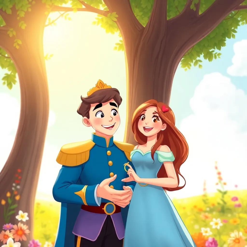 A heartwarming scene of the prince giving a small ring to the princess under a tree, symbolizing their love. They both look excited and happy, with the princess having a surprised expression. The background shows a sunny sky and floral beauty, cheerful illustration, vivid colors, romantic ambiance, high quality.