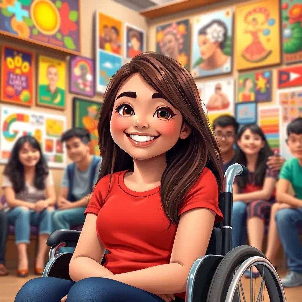 A young Hispanic woman, Sofía, with brown hair, sitting in a wheelchair, smiling brightly, surrounded by her friends at a vibrant cultural center, colorful posters and art, digital art, warm colors, welcoming atmosphere, high quality
