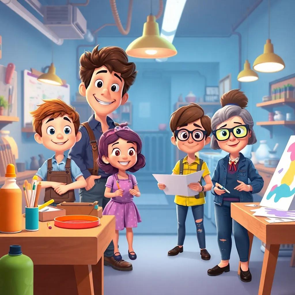 A bustling workspace with Sofia and her friends: Lucas, tall with curly hair, optimistic; Elena, creative with tools; Andrés, thin with glasses drawing plans; Rosa, older with paint stains, cheerful, creating a colorful ramp, illustrated, collaborative spirit, vibrant details, child-friendly