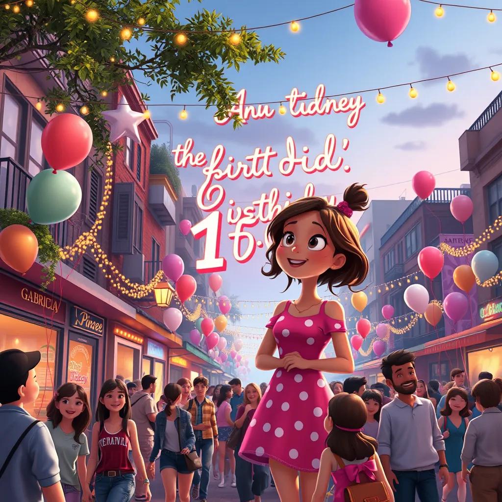 Gabriela's fifteenth birthday celebration, the city decorated with balloons and lights, happy people around, festive atmosphere, digital art, cheerful