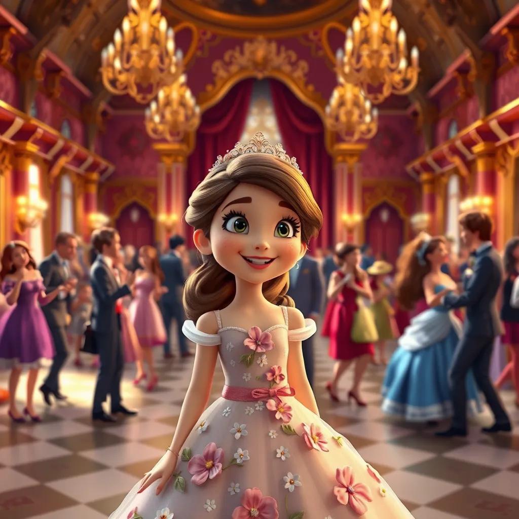 The royal palace with music and people dancing, Gabriela in a spring dress with flowers, looking joyful, surrounded by friends and family, digital art, fun, lively