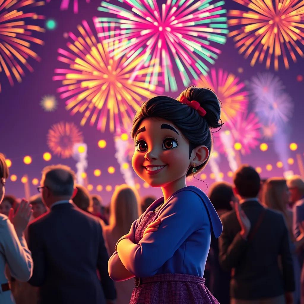 Colorful fireworks lighting up the night sky, Gabriela smiling at the celebration, people clapping and enjoying the party, digital art, festive night scene