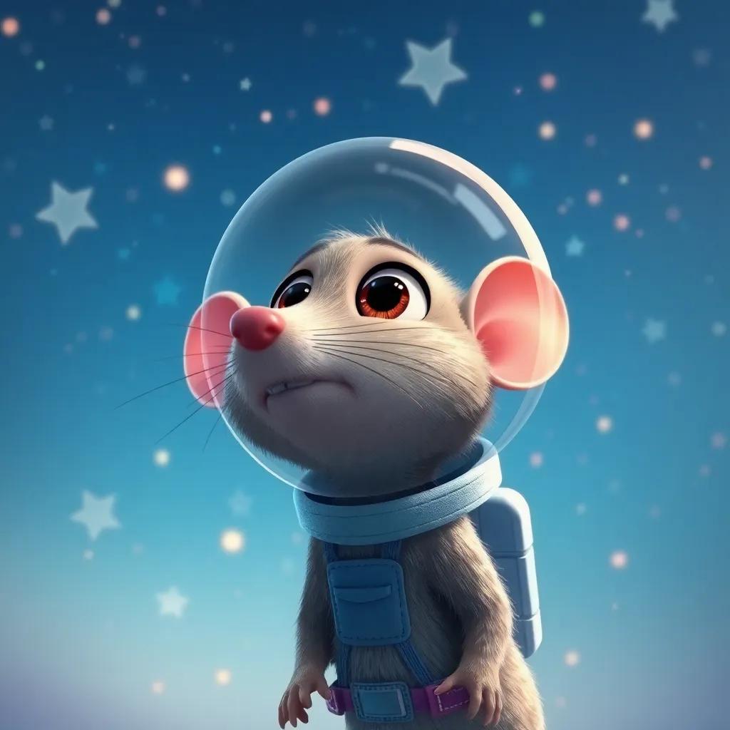 A curious mouse, dreaming of being an astronaut, looking up at a star-filled sky with big bright eyes and a determined expression, digital art, vibrant colors, inspiring atmosphere, high quality