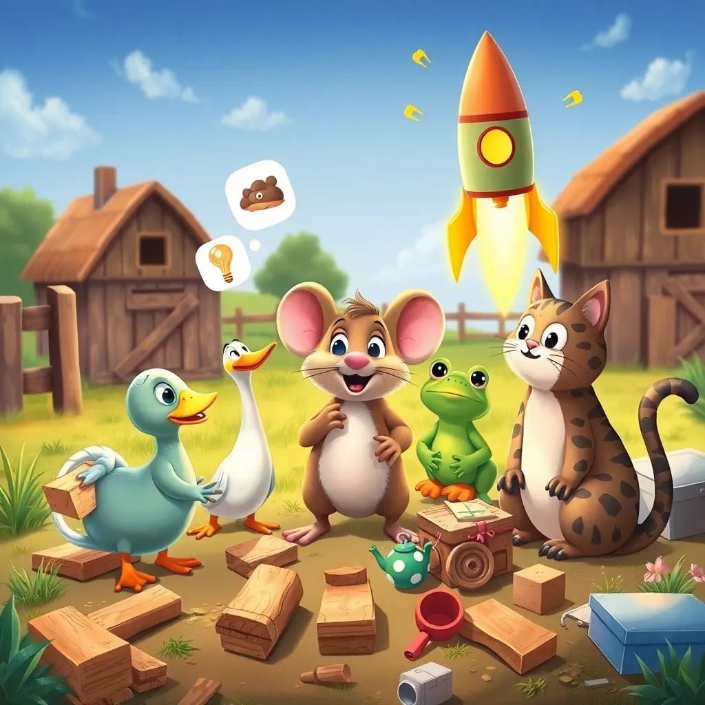 A mouse and his animal friends on a farm, a duck, a frog, and a cat brainstorming ideas, surrounded by wood and supplies for building a rocket, cheerful, colorful illustration, high quality