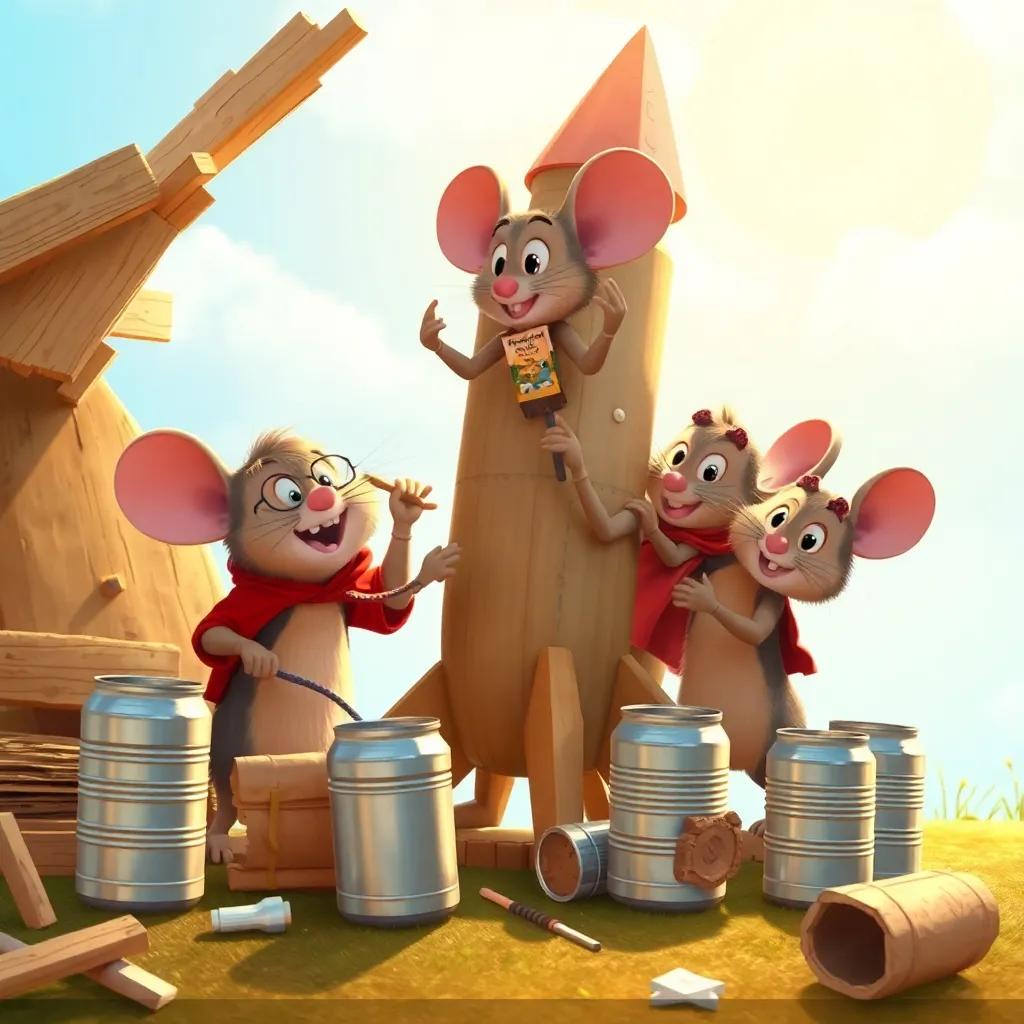 The mouse and his friends building a rocket with wood, cardboard, and cans, working together happily, bright sunlight illuminating their teamwork, digital art, fun, vibrant colors, child-friendly