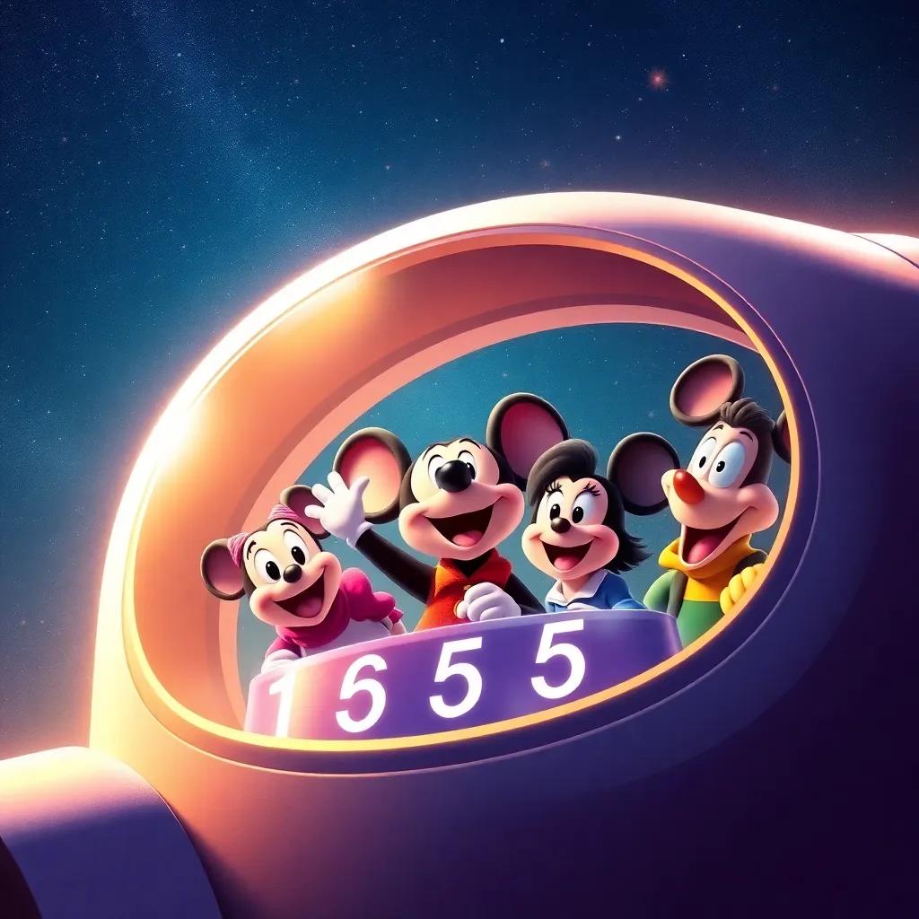 A countdown scene with the mouse and friends inside a spaceship, excitement on their faces, counting down from five under a starry sky, digital painting, cheerful, high energy, bright