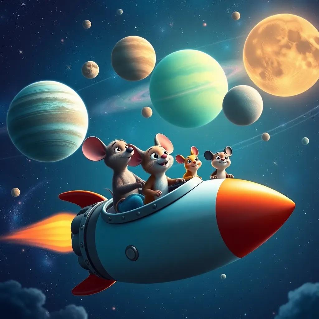 The rocket flying through space with the mouse and animal friends looking out at stunning planets and stars, smiles on their faces, vibrant cosmic colors, enchanting atmosphere, high quality