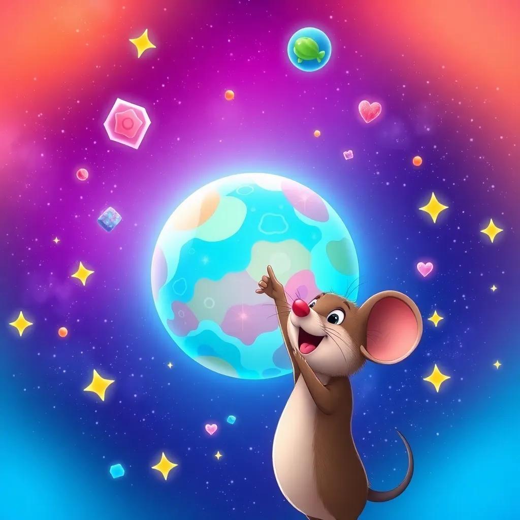 The mouse pointing excitedly at a colorful planet that looks like candy, surrounded by stars and cosmic wonders, illustration, vibrant, engaging, magical