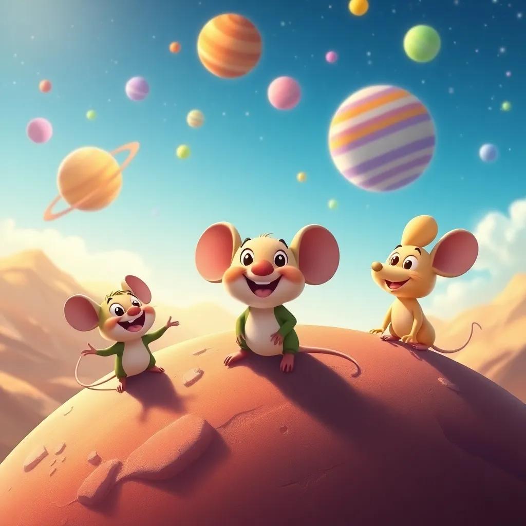 A joyful scene showing the mouse and friends exploring a planet and discovering new things together, the mouse smiling, under a bright sky with colorful celestial bodies, digital art, cartoonish, lively