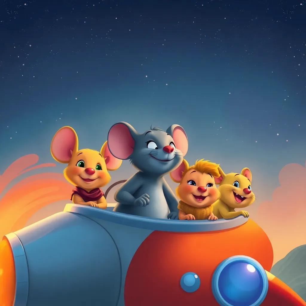 The mouse returning home with his friends in the rocket, all looking happy and tired, under a starry night sky, conveying a warm sense of togetherness and achievement, digital painting, warm colors, heartwarming