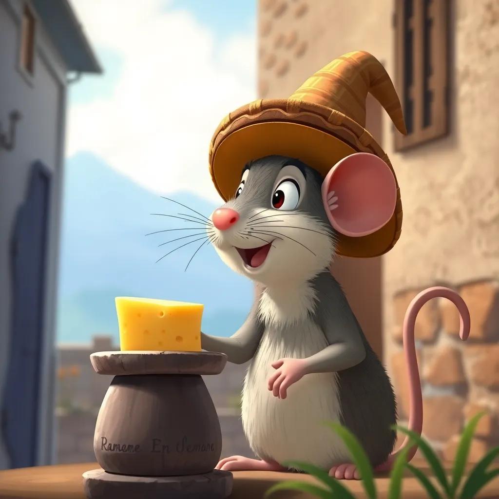 Ramón, el ratón, con su sombrero mágico, deseando un delicioso pedazo de queso que aparece de la nada, en un paisaje de casa antigua, con una expresión de sorpresa y alegría, ilustración infantil, alegre, colores cálidos, alta calidad