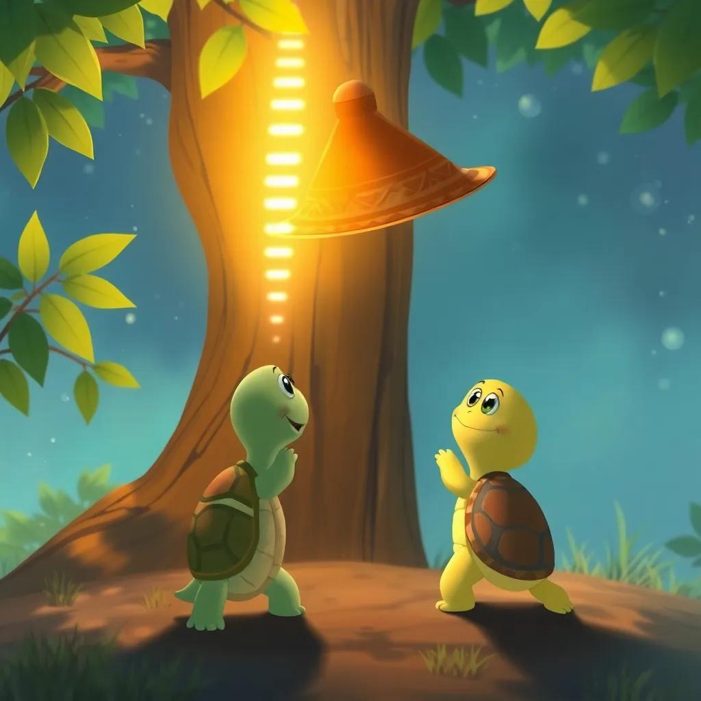 Tula, una tortuga amiga de Ramón, mirando un árbol alto y triste, Ramón usando su sombrero mágico deseando escaleras de luz brillante, en un entorno natural colorido, ilustración infantil, mágica, perspectiva amplia, alta calidad