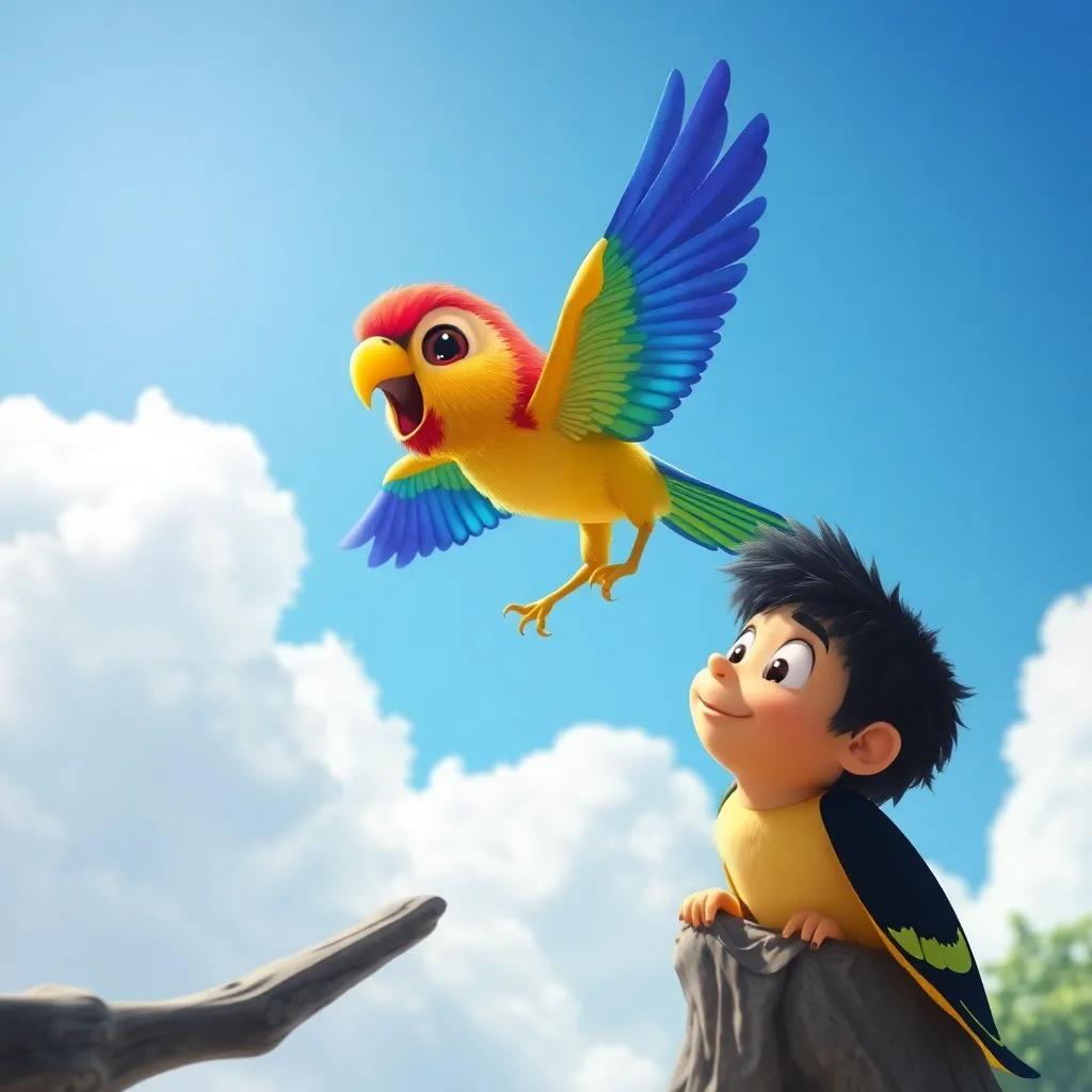 Pipo, un pájaro colorido, con alas maravillosas volando alto entre las nubes, hasta el cielo azul brillante, mientras Ramón mira con expresión de felicidad, ilustración infantil, colorida, encantadora, calidad alta