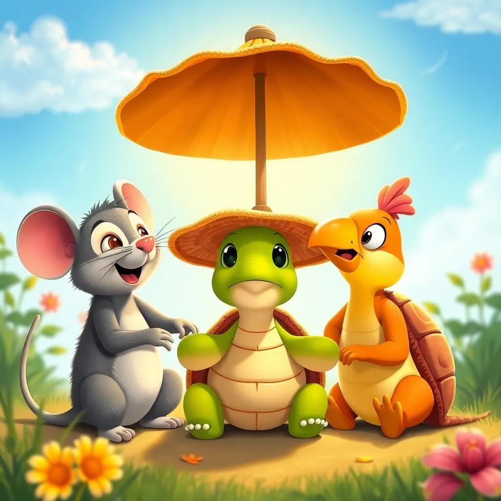 Un grupo de amigos, Ramón el ratón, Tula la tortuga y Pipo el pájaro, riendo y disfrutando juntos bajo el sol, el sombrero mágico en el centro de la escena, en un entorno de naturaleza alegre, ilustración infantil, cálida, diversión, alta calidad