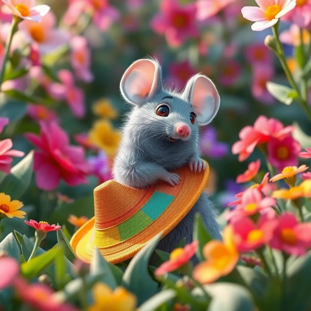 Un pequeño ratón llamado Miguel, de pelaje gris y ojos brillantes, explorando un hermoso jardín lleno de flores coloridas. El ratón descubre un sombrero brillante y colorido entre las hojas, digital art, vibrante, alegre, en perspectiva cercana, calidad detallada.