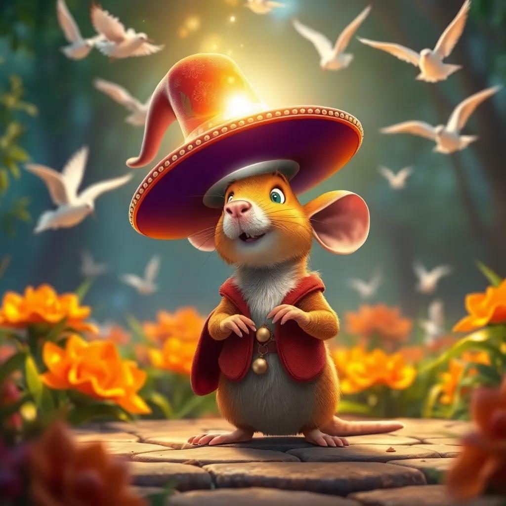 El ratón Miguel poniendo el sombrero mágico en su cabeza, con el sombrero brillando intensamente. Una voz mágica emerge del sombrero, en un jardín soleado con aves volando, digital art, iluminado, colorido, con una atmósfera alegre.
