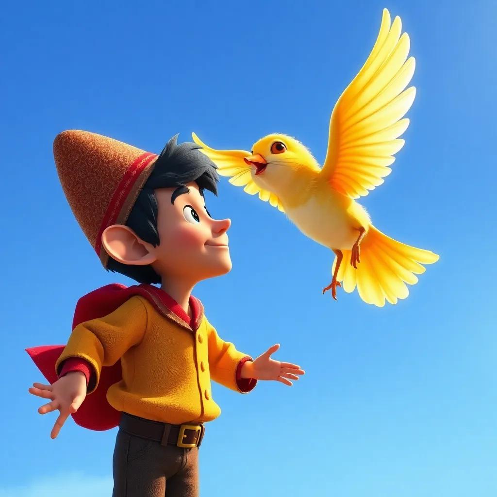 Miguel y su amigo Tomás, un pájaro amarillo con plumas brillantes volando alto en el cielo. El ratón mira a su amigo volar con una gran sonrisa, el cielo azul de fondo, digital art, alegre, con un enfoque en los personajes, alta calidad.