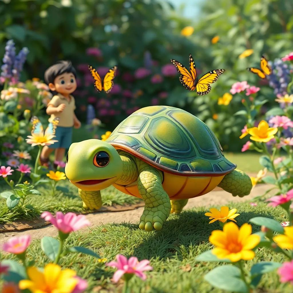 La tortuga Tina, con un caparazón verde y alegre, corriendo rápidamente por el jardín. Miguel observa felizmente mientras la tortuga ríe, rodeada de flores y mariposas, digital art, vibrante, en movimiento, perspectiva amplia.