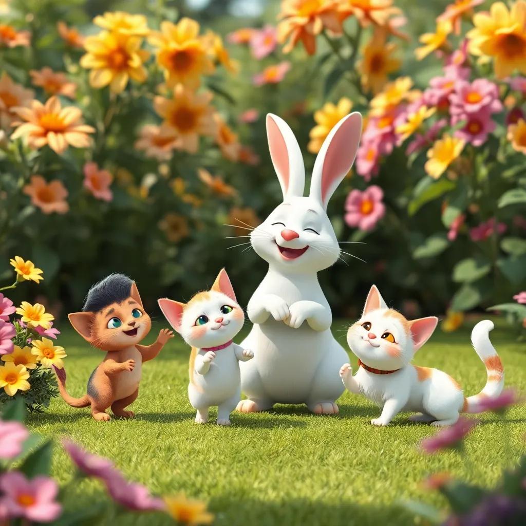 Miguel, Tomás, Tina y Carlos, el conejo blanco, jugando en el jardín florido. Los gatos son amigables, añadiendo un ambiente de alegría y amistad, digital art, cálido, lleno de colores vibrantes, destacando la amistad entre ellos.