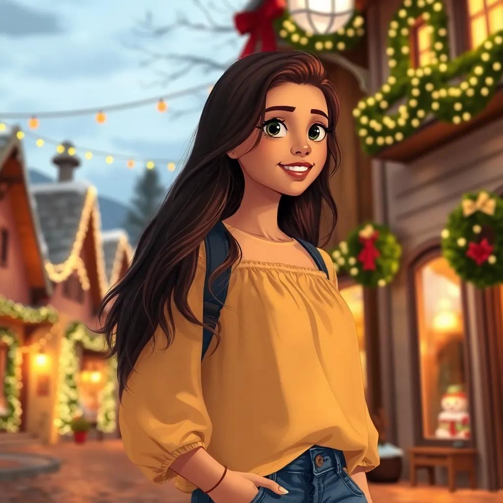 Niña estudiada, una joven latina con cabello largo y lacio, usando una bonita blusa y jeans, llegando a su pequeño pueblo que está lleno de luces y decoraciones navideñas, en un día soleado, ilustración, cálida, amorosa, colorido, alta calidad