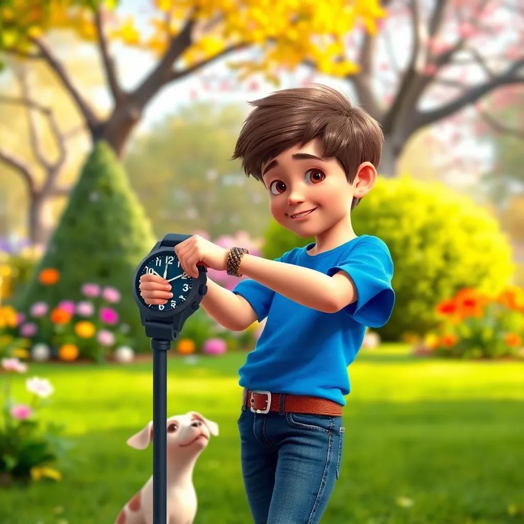Lucas, un niño de 9 años, con cabello castaño, usando una camiseta azul y jeans, girando la perilla del reloj, en un parque con flores y árboles, su perro Max a su lado, vibrant colors, fun scene, high quality