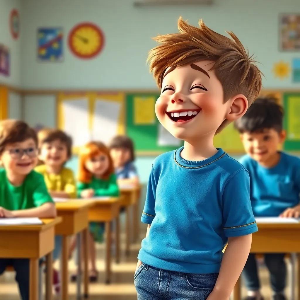 Lucas, un niño de 9 años, con cabello castaño, usando una camiseta azul y jeans, en la escuela haciendo travesuras mientras los demás niños están congelados, laughter, bright classroom, digital art, colorful, high quality