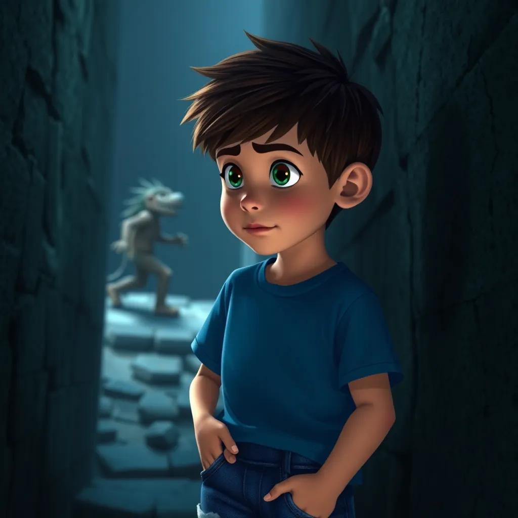 Lucas, un niño de 9 años, con cabello castaño, usando una camiseta azul y jeans, viendo al ladrón escapar en un callejón, expresión de determinación en su cara, shadows, dramatic atmosphere, digital art, high quality