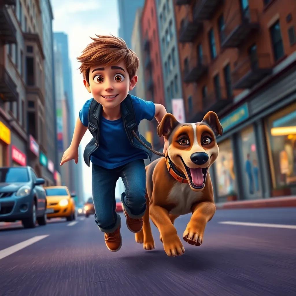 Lucas, un niño de 9 años, con cabello castaño, usando una camiseta azul y jeans, y su perro Max, en una emocionante persecución detrás del ladrón por la ciudad, action, urban scenery, colorful, high quality