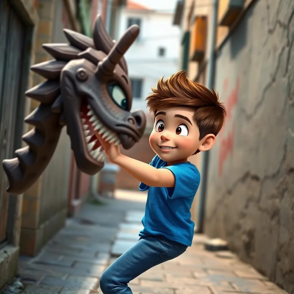 Lucas, un niño de 9 años, con cabello castaño, usando una camiseta azul y jeans, enfrentando al ladrón en el callejón, expresando valentía mientras el ladrón se sorprende, dynamic pose, bold colors, high quality