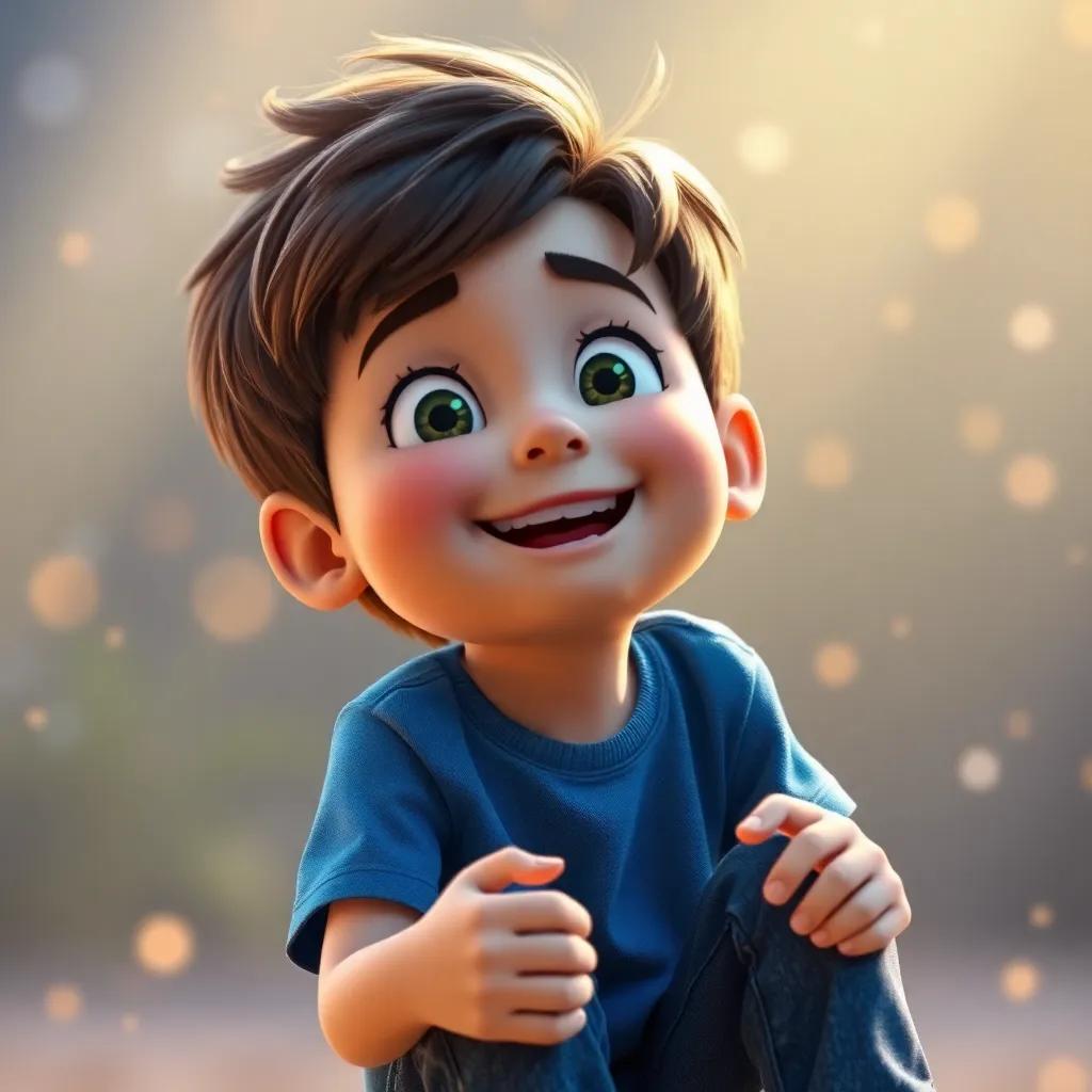 Lucas, un niño de 9 años, con cabello castaño, usando una camiseta azul y jeans, recuperando el reloj del suelo después de enfrentarse al ladrón, joyous expression, magical light, high quality