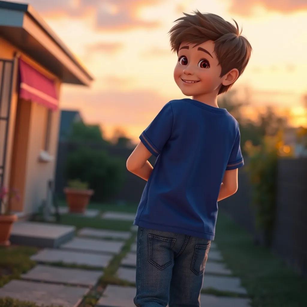 Lucas, un niño de 9 años, con cabello castaño, usando una camiseta azul y jeans, regresando a casa con una sonrisa, en un entorno familiar cálido, sunset, heartwarming colors, high quality