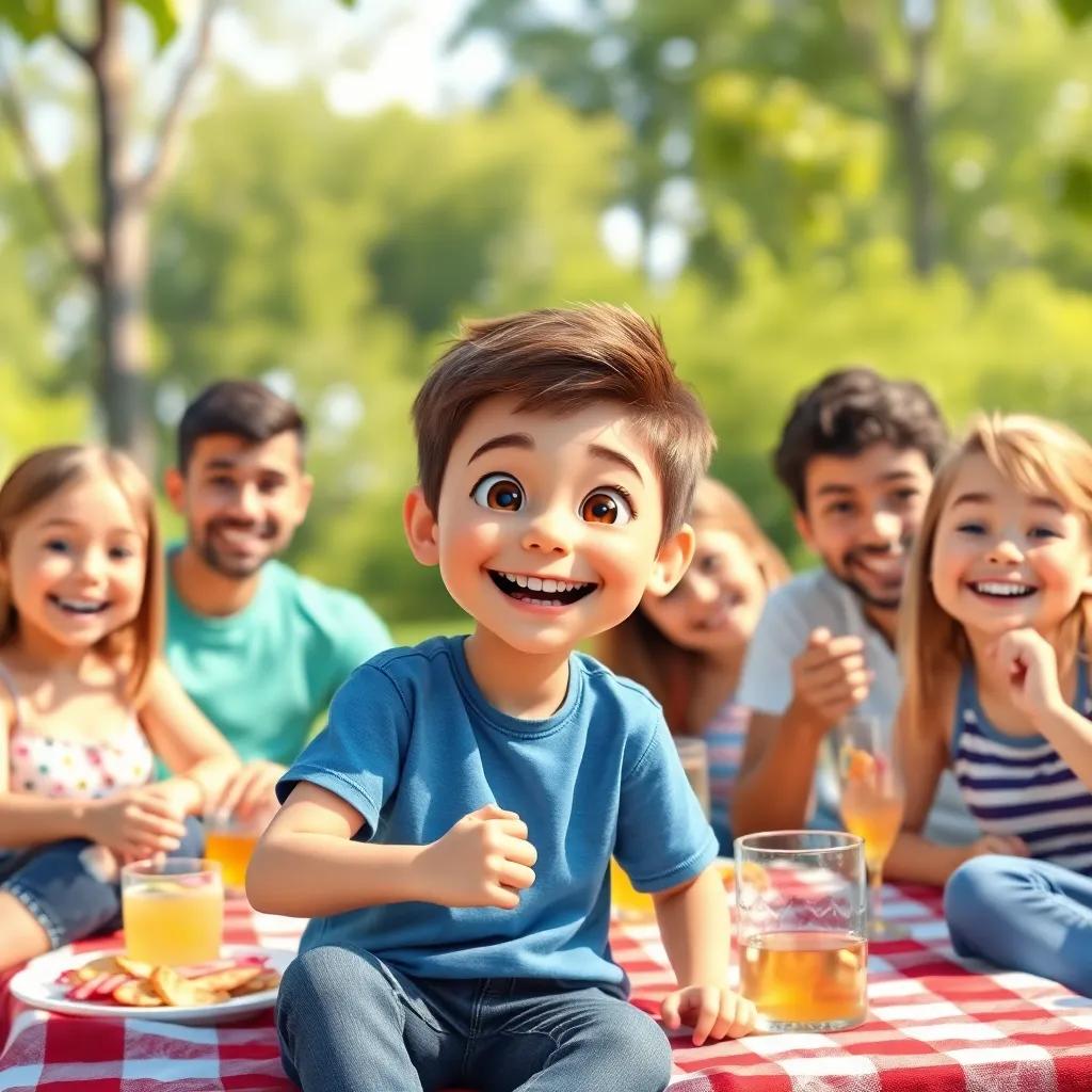 Lucas, un niño de 9 años, con cabello castaño, usando una camiseta azul y jeans, disfrutando con su familia y amigos en un picnic, alegre, smiling faces, sunny day, high quality