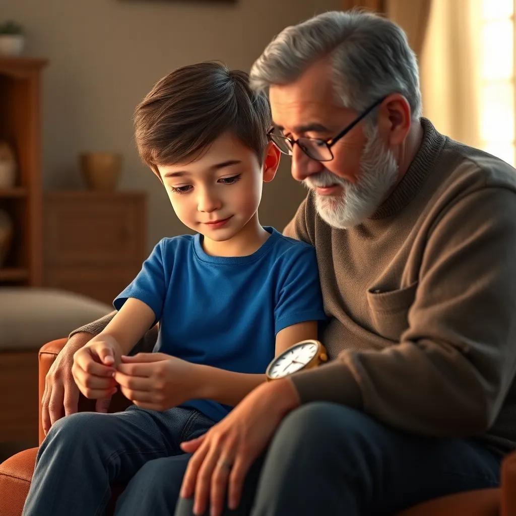 Lucas, un niño de 9 años, con cabello castaño, usando una camiseta azul y jeans, sentado junto a su abuelo, mirando el reloj con cariño, nostalgic expression, warm light, family bonds, high quality