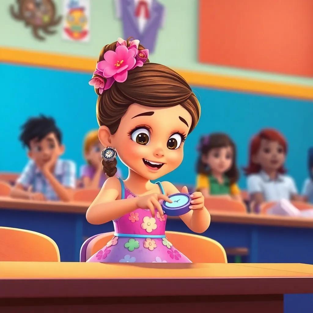 Sofía, una niña de 8 años, con trenzas y un vestido de flores, emocionada mirando el reloj en la mano de Diego, en un aula colorida, digital illustration, bright colors, cheerful atmosphere, high quality