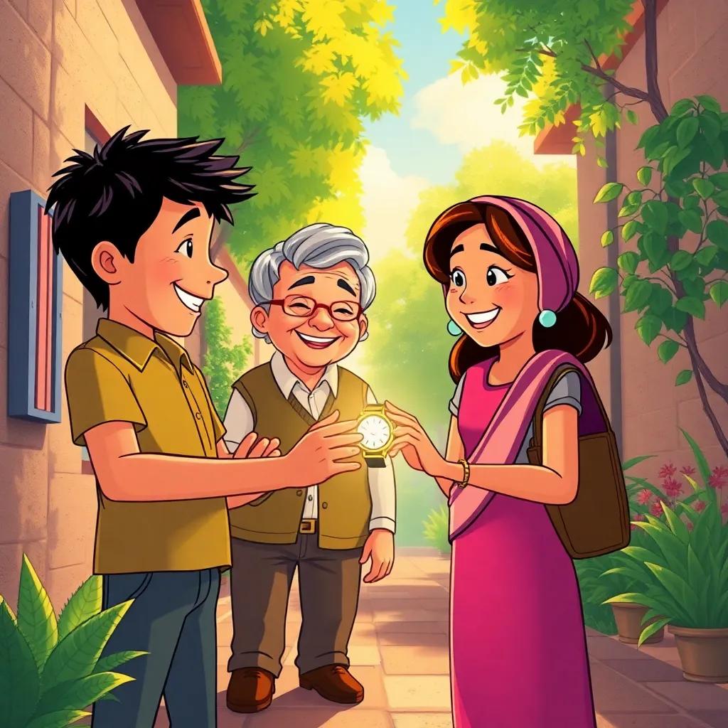 Diego y Sofía ayudando a una anciana en la calle, el reloj brillando en sus manos, con árboles verdes y un cielo soleado, warm illustration, joyful moment, friendly atmosphere, high quality