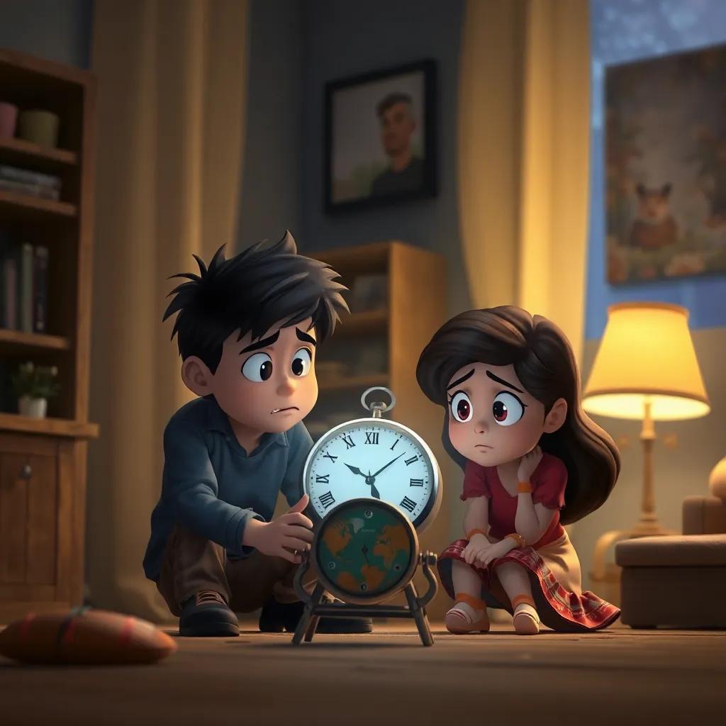 Diego y Sofía preocupados mirando el reloj que dejó de funcionar, en una habitación iluminada suavemente, with sad expressions, digital art, emotional atmosphere, high quality