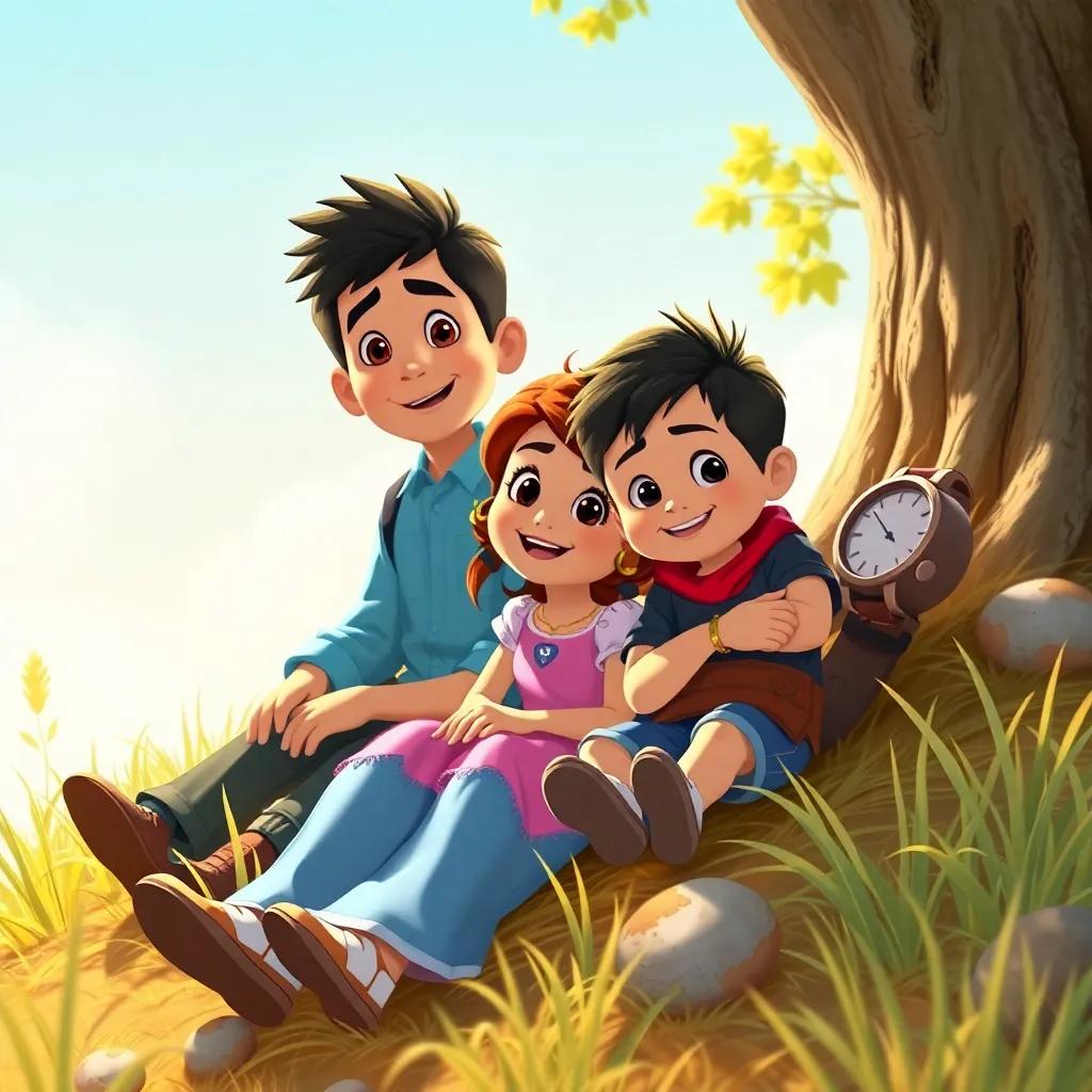 Diego, Sofía y Tomás sentados en el césped, compartiendo una aventura, el reloj guardado a su lado, sunny day, warm atmosphere, illustration, cheerful vibe, high quality