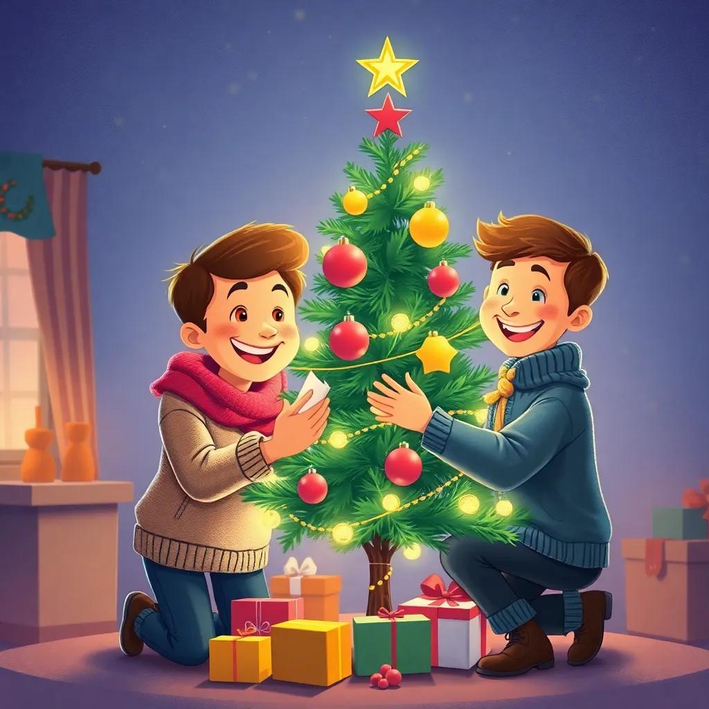 Los hermanos decorando un árbol de Navidad con luces brillantes, risas y amor en el aire, cozy illustration, festive colors, joyful family scene, high quality