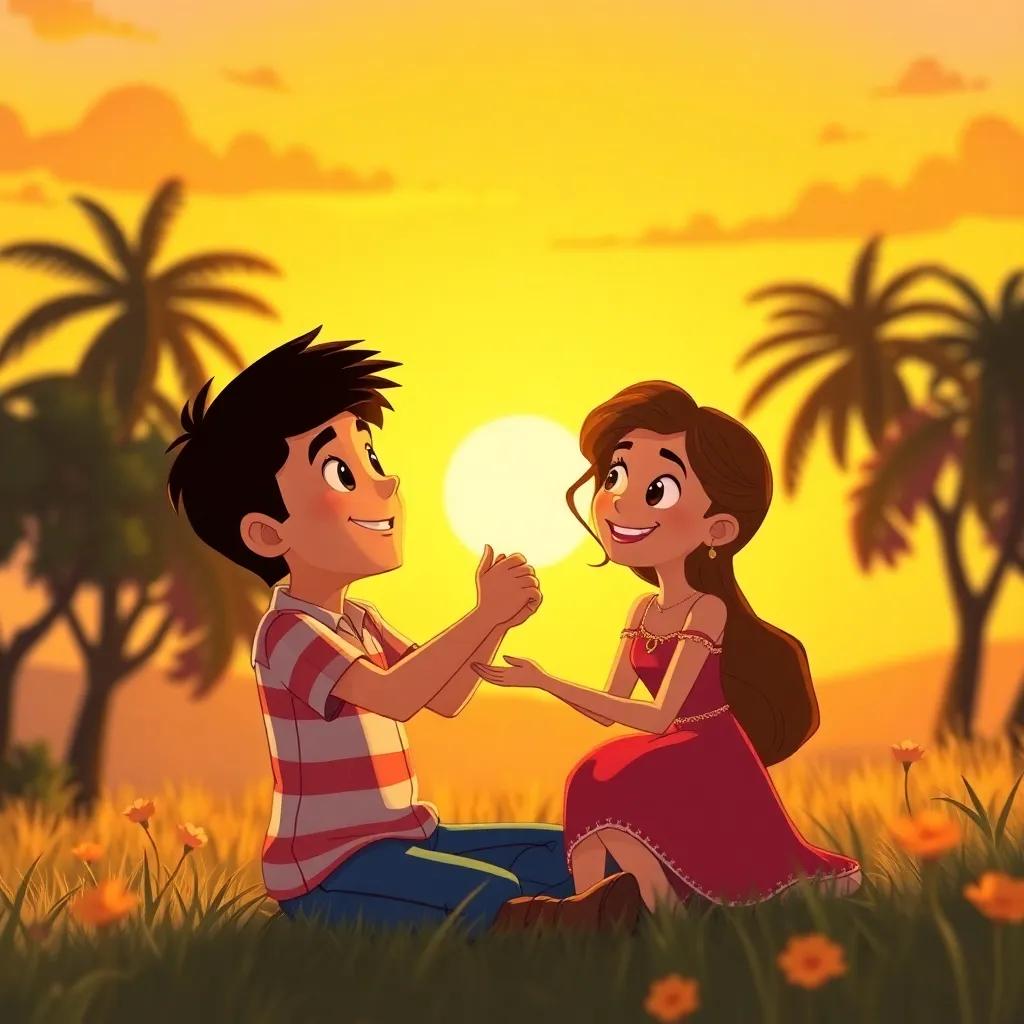 Diego y Sofía jugando al atardecer, amigos felices alrededor, luces doradas, capture of friendship, warm illustration, beautiful sunset, high quality