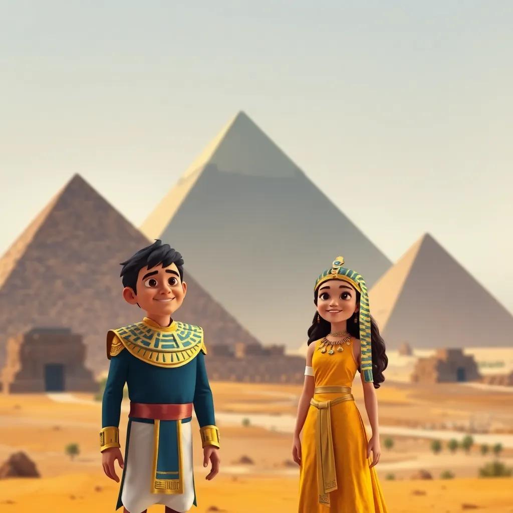 Miguel and Ana standing in front of the grand pyramids of Egypt, with a pharaoh in golden attire and a headdress, desert landscape in the background, digital painting, bright colors, historical representation, high quality