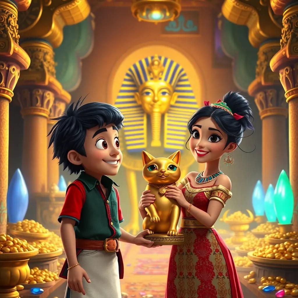 A treasure room filled with gold and jewels, Miguel and Ana holding a golden cat statue, a happy pharaoh in the background, colorful, bright light, storytelling view, fantasy